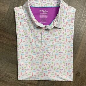 Birdie‎ & Bound Duck Palm Tree Surfboard Print Golf Polo Shirt Mens 2XL White